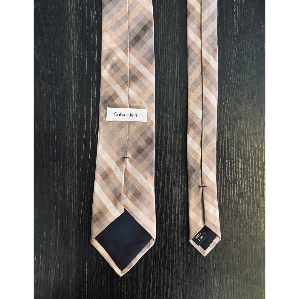 Calvin Klein | Mens Silk Tie Tan Beige Brown Diagonal Plaid Necktie